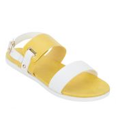 Estatos Faux Leather Open Toe Mustard and White  Twin Strap Buckle Closure Flat Sandals for Women