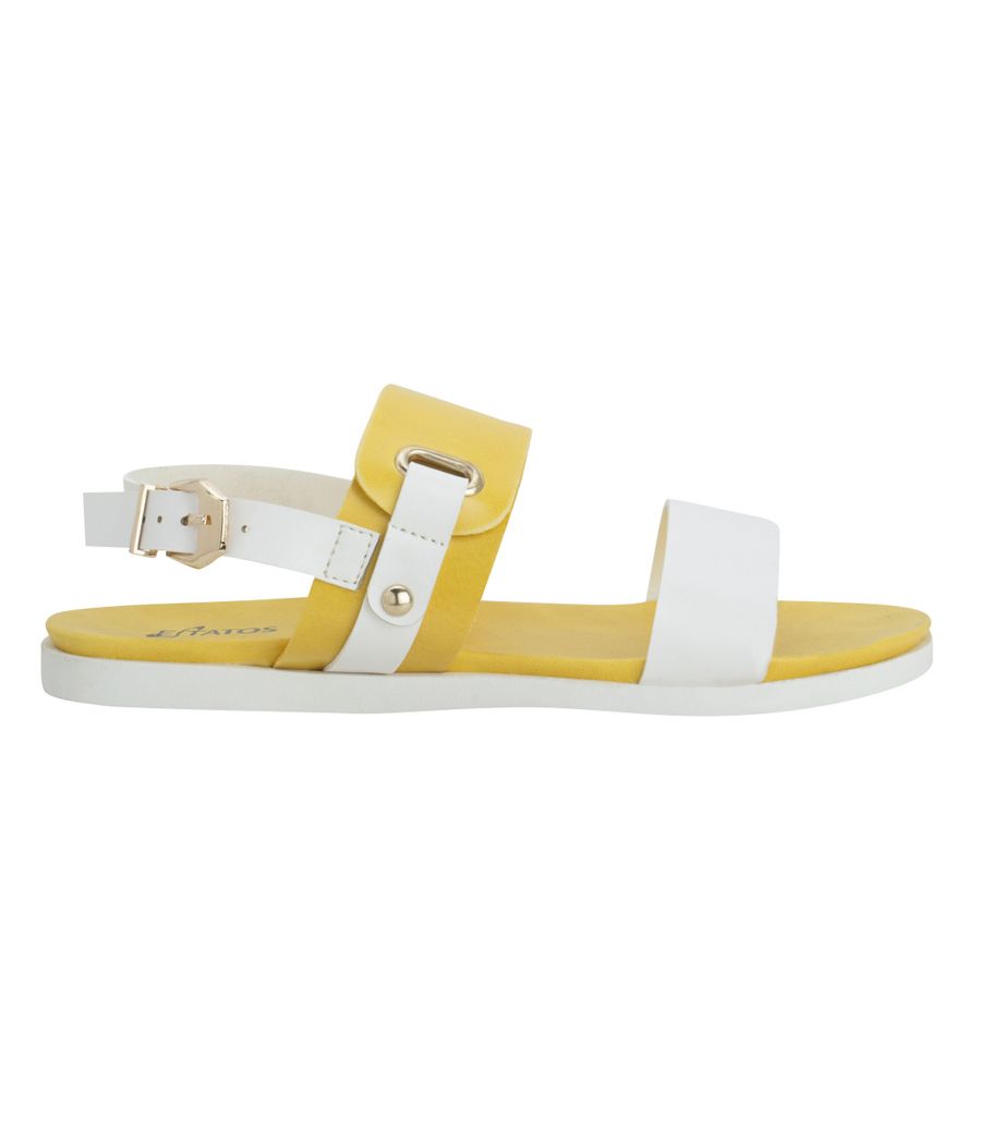 Estatos Faux Leather Open Toe Mustard and White  Twin Strap Buckle Closure Flat Sandals for Women