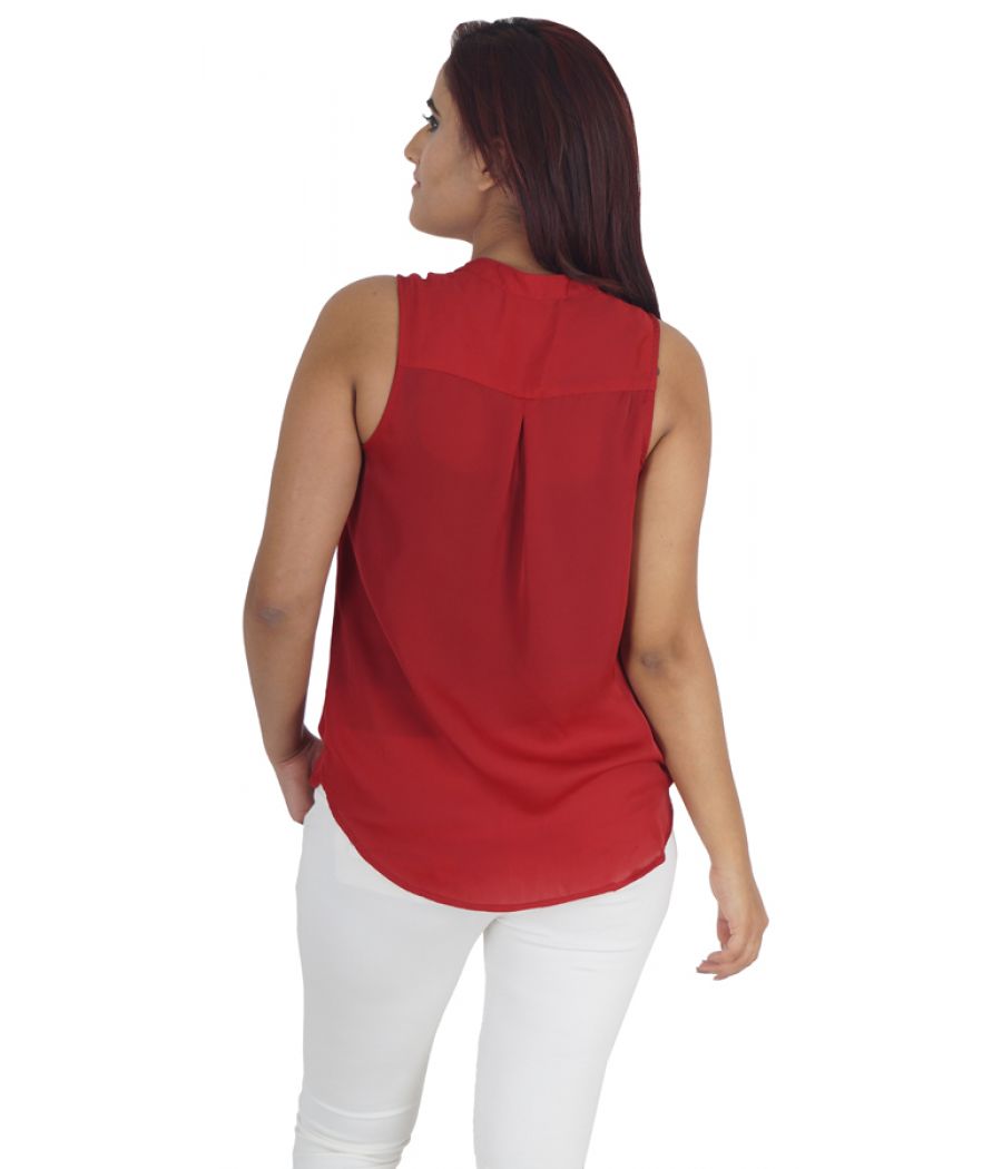 Chemistry Georgette Solid Maroon Sleeveless Button Closure Casual Top