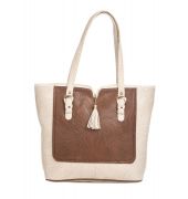 Aliado Faux Leather Solid Cream & Brown Zipper Closure Tote Bag 