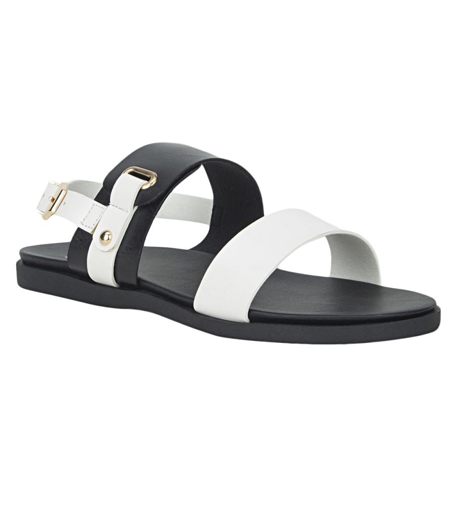 Estatos Faux Leather Open Toe Black and White Twin Strap Buckle Closure  Flat Sandals for Women