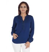 Promod Crepe Plain Solid  Navy Blue Lace Embellishment Puff Sleeve Regular Top 