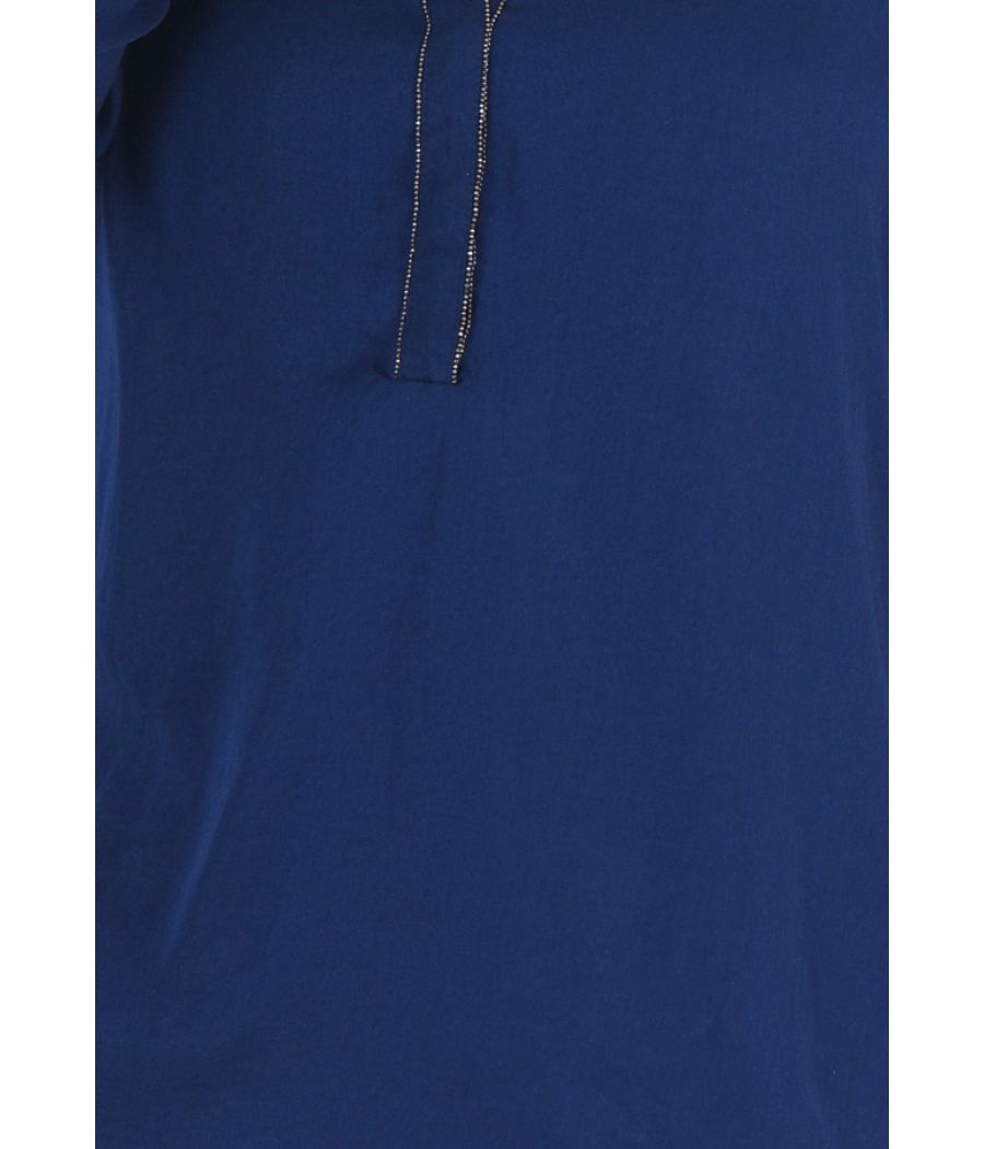 Promod Crepe Plain Solid  Navy Blue Lace Embellishment Puff Sleeve Regular Top 