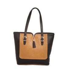 Aliado Faux Leather Solid Black & Brown Zipper Closure Tote Bag 
