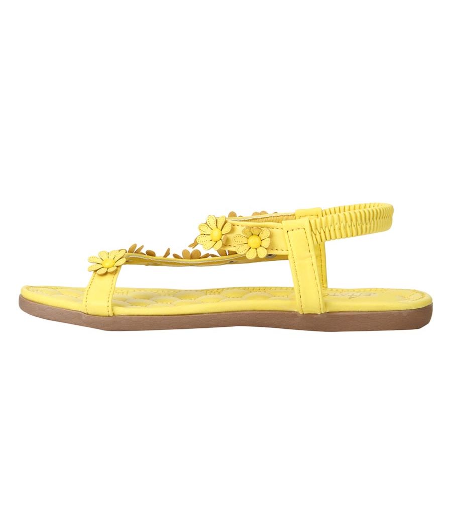 Estatos Faux Leather Flower Decorated Toe Strap Elastic Closure Padded Sole Yellow Flat Sandals for Women