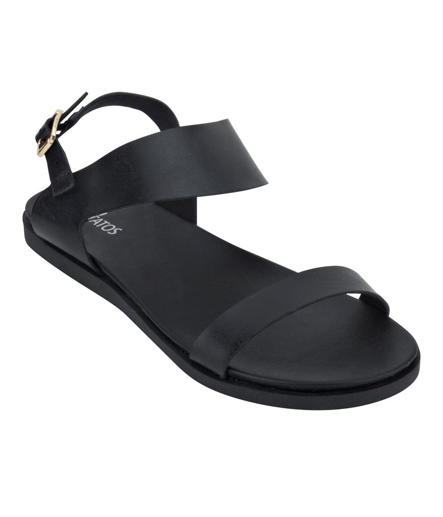 Estatos Metallic Shine Leather Open Toe Buckle Closure  Black Flat Sandals for Women