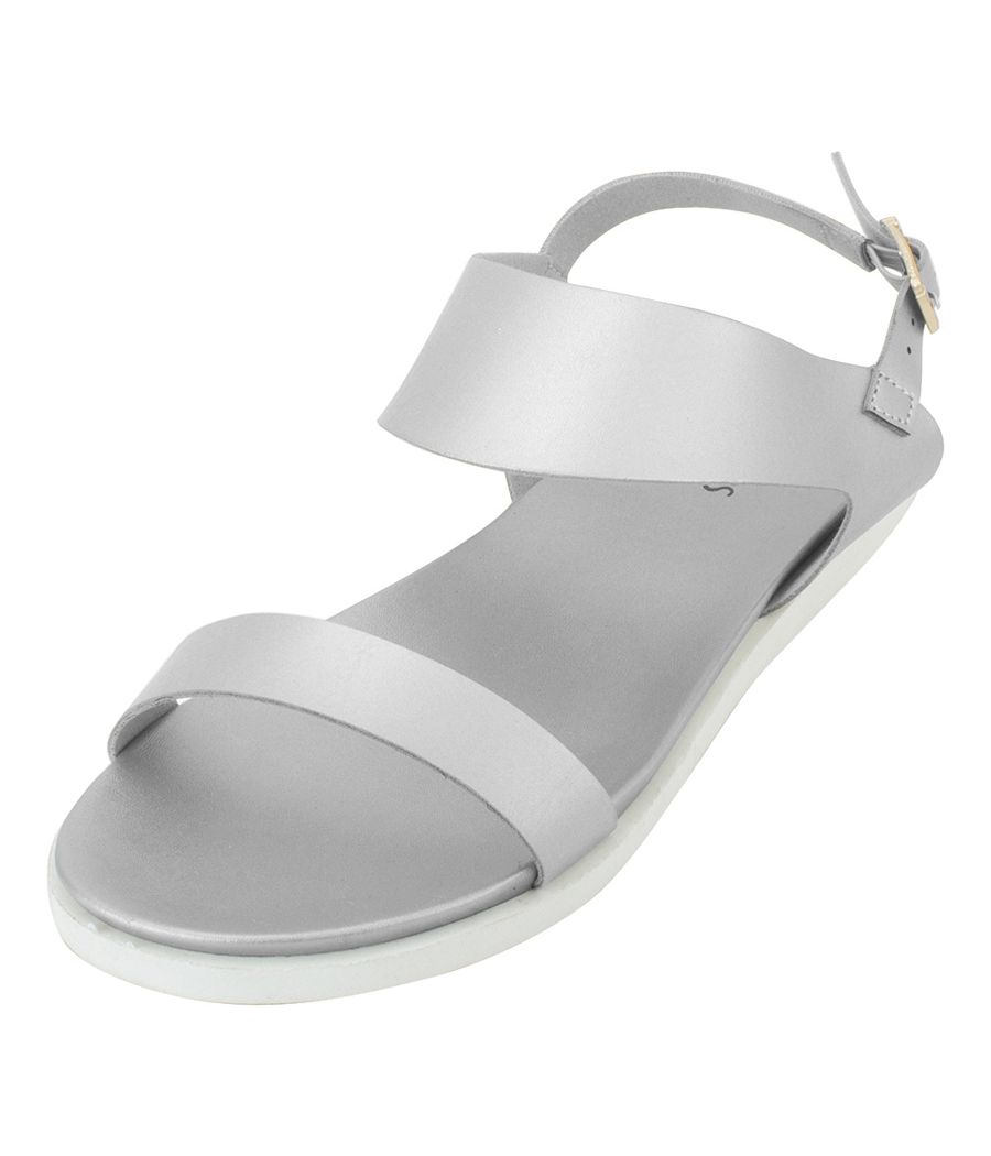 Estatos Metallic Shine Leather Open Toe Buckle Closure  Silver Flat Sandals for Women