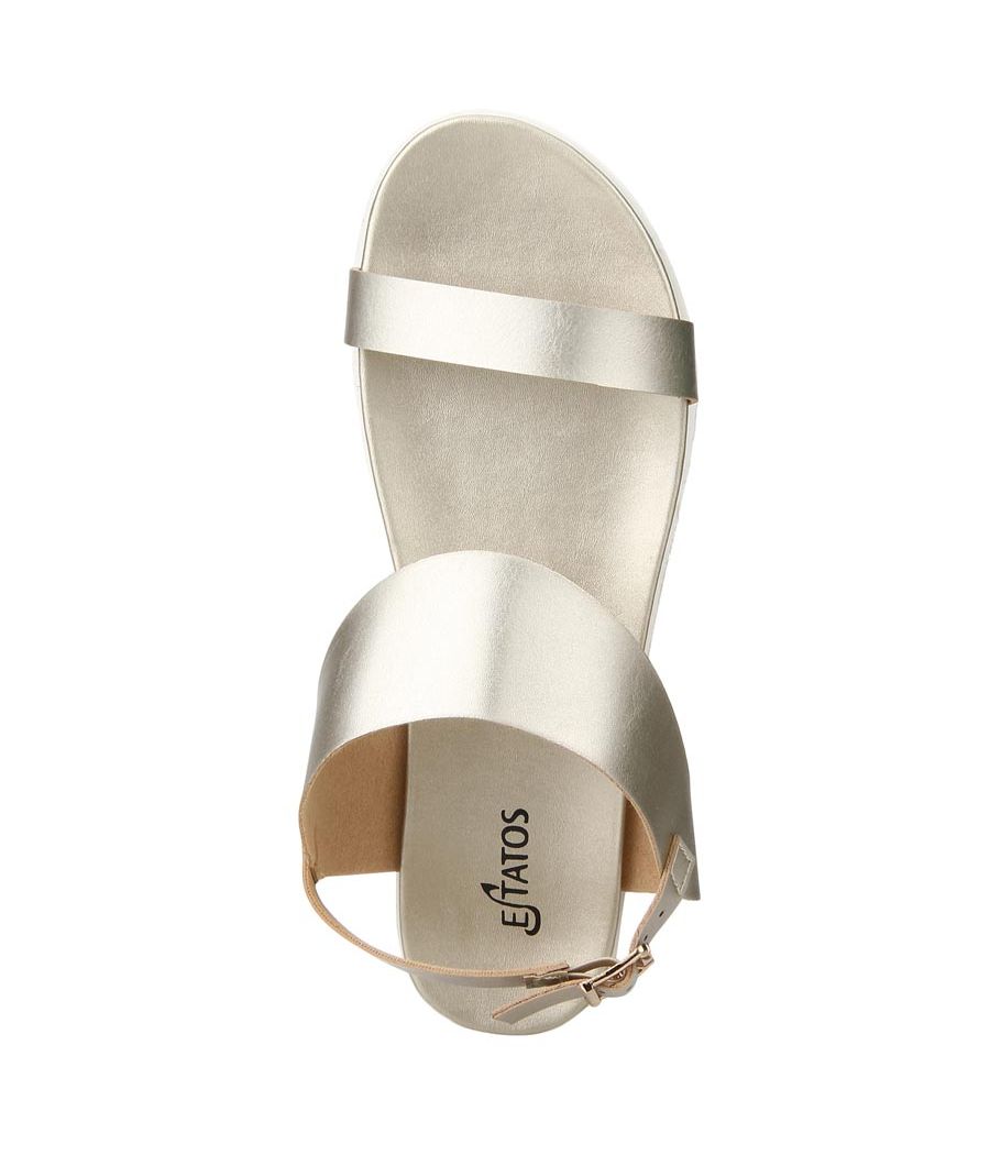 Estatos Metallic Shine Leather Open Toe Buckle Closure  Golden Flat Sandals  for Women