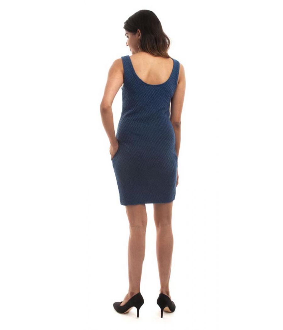 Yibaidn Stretch Knit Plain Self Design Navy Blue Sleeveless Mini Bodycon Dress