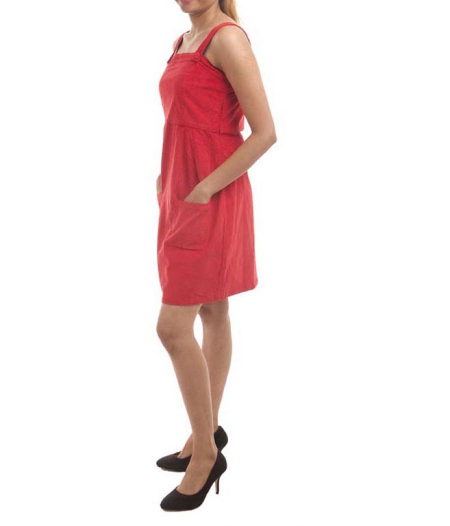 FZI Corduroy Solid Red Sleeveless Midi A-line Casual Dress 