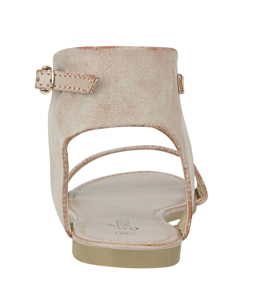 Estatos Frosted Leather Open Toe Ankle Strap Buckle Closure Beige Flat Sandals for Women
