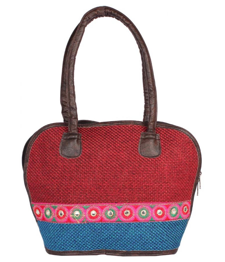Aliado Cloth Fabric Red and Blue Coloured Zipper Closure  Handbag