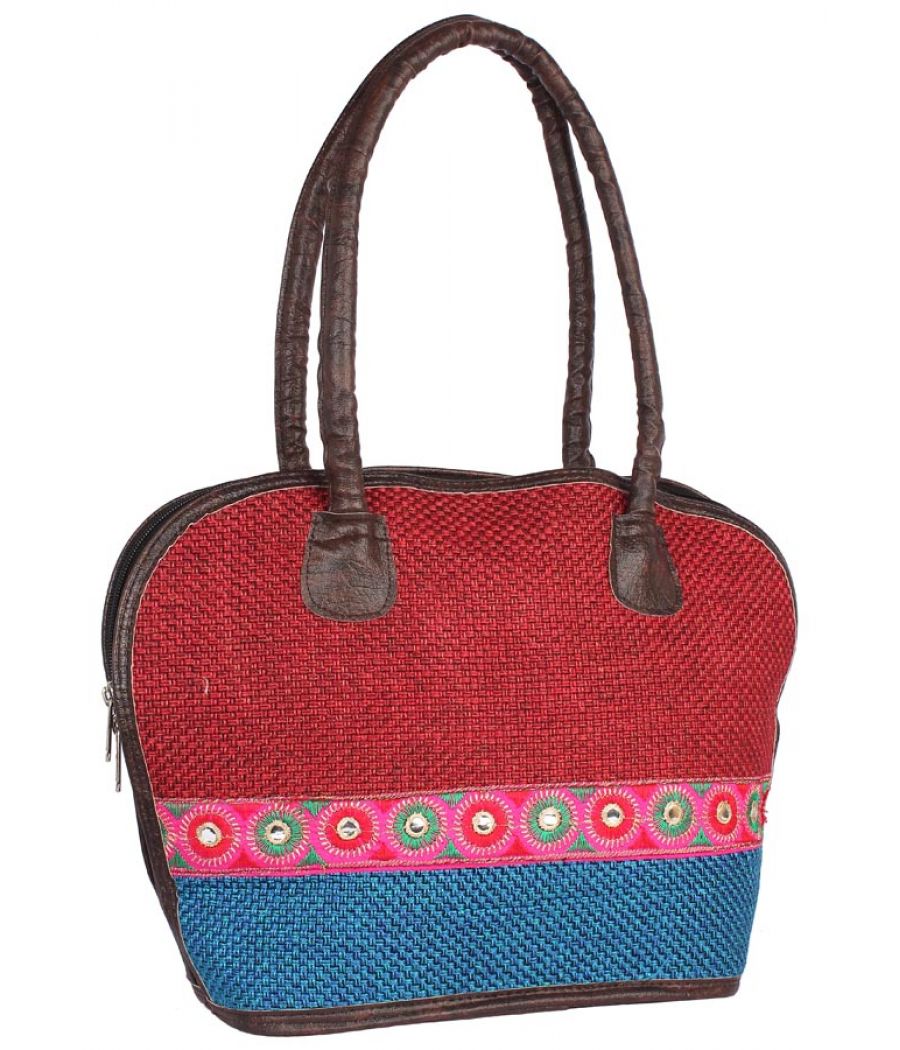 Aliado Cloth Fabric Red and Blue Coloured Zipper Closure  Handbag