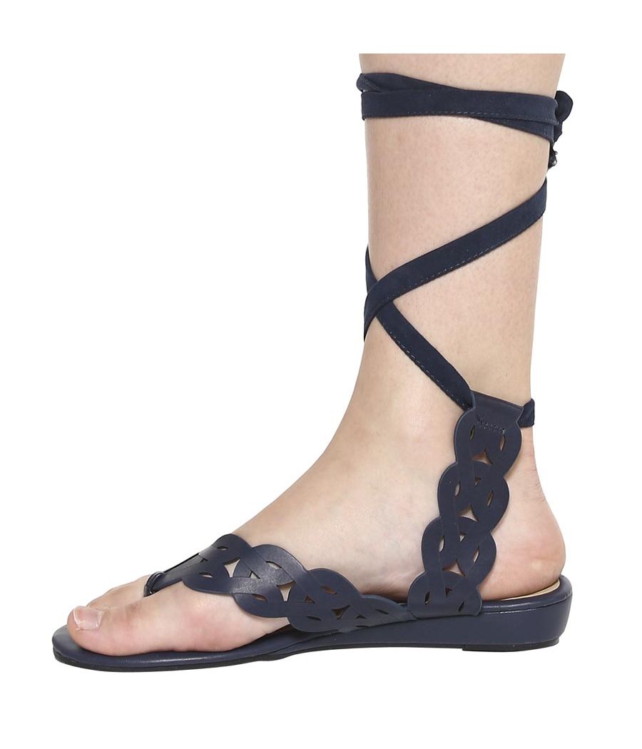Estatos Leather Navy Blue Wrap Around Strap Open Toe Casual Flat Sandals