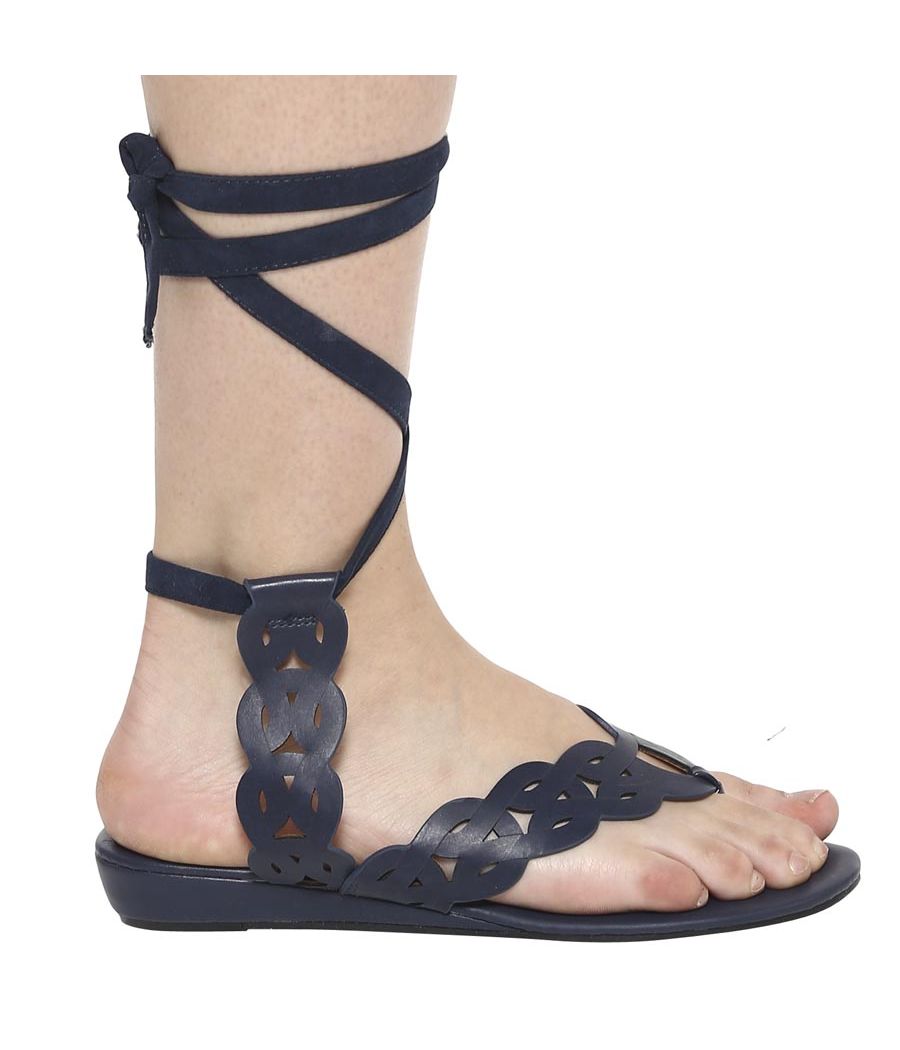 Estatos Leather Navy Blue Wrap Around Strap Open Toe Casual Flat Sandals