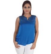 BYSI Crepe Plain Solid Beads Embellishment Blue V Neck Casual Top