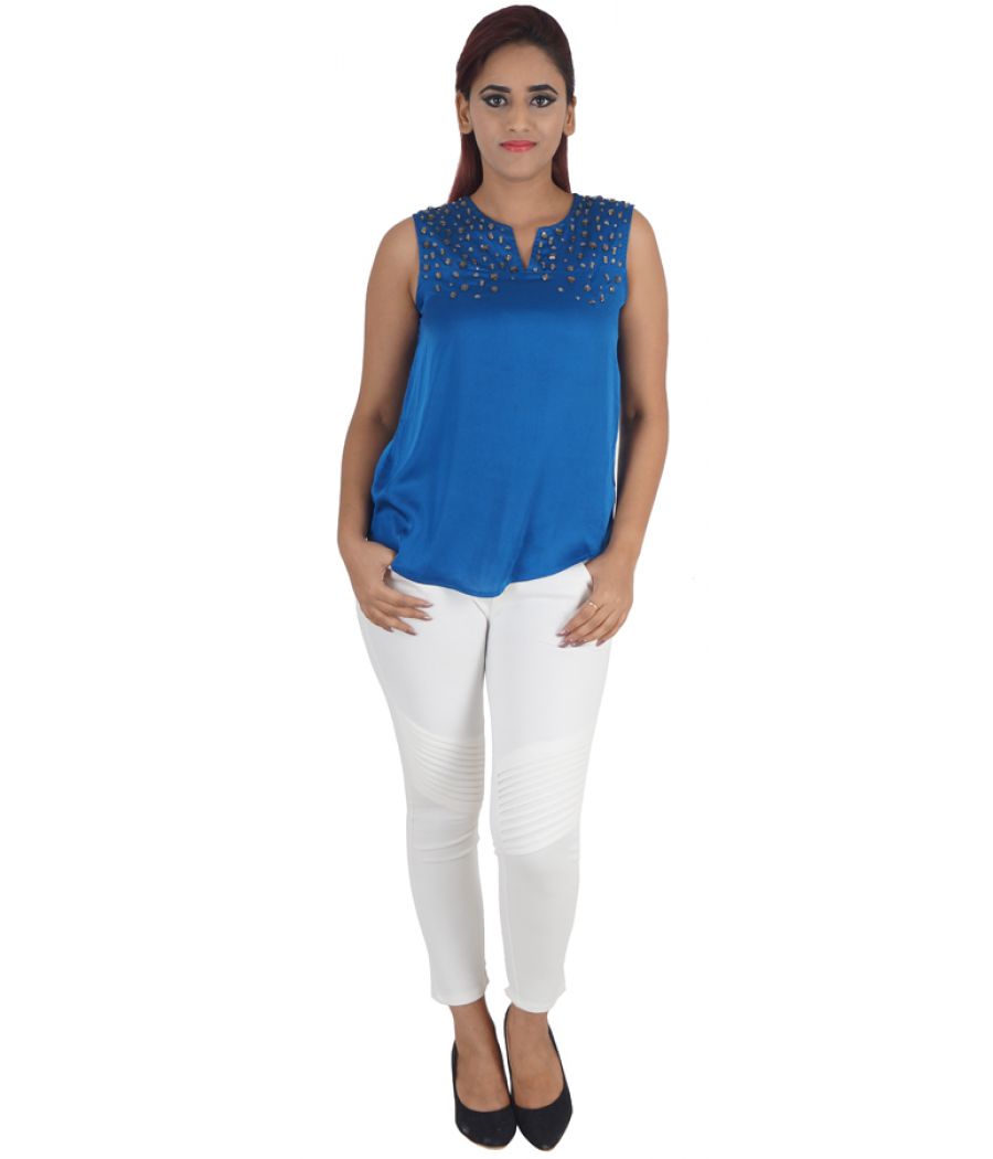 BYSI Crepe Plain Solid Beads Embellishment Blue V Neck Casual Top