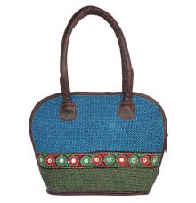 Aliado Cloth Fabric Blue and Green Coloured Zipper Closure  Handbag