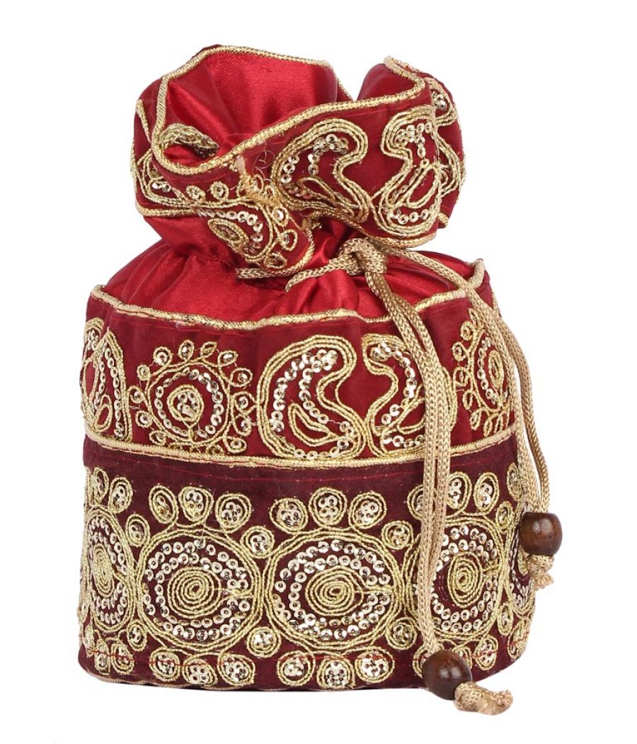 Aliado Velvet Embellished Red and Gold Coloured Potli Bag