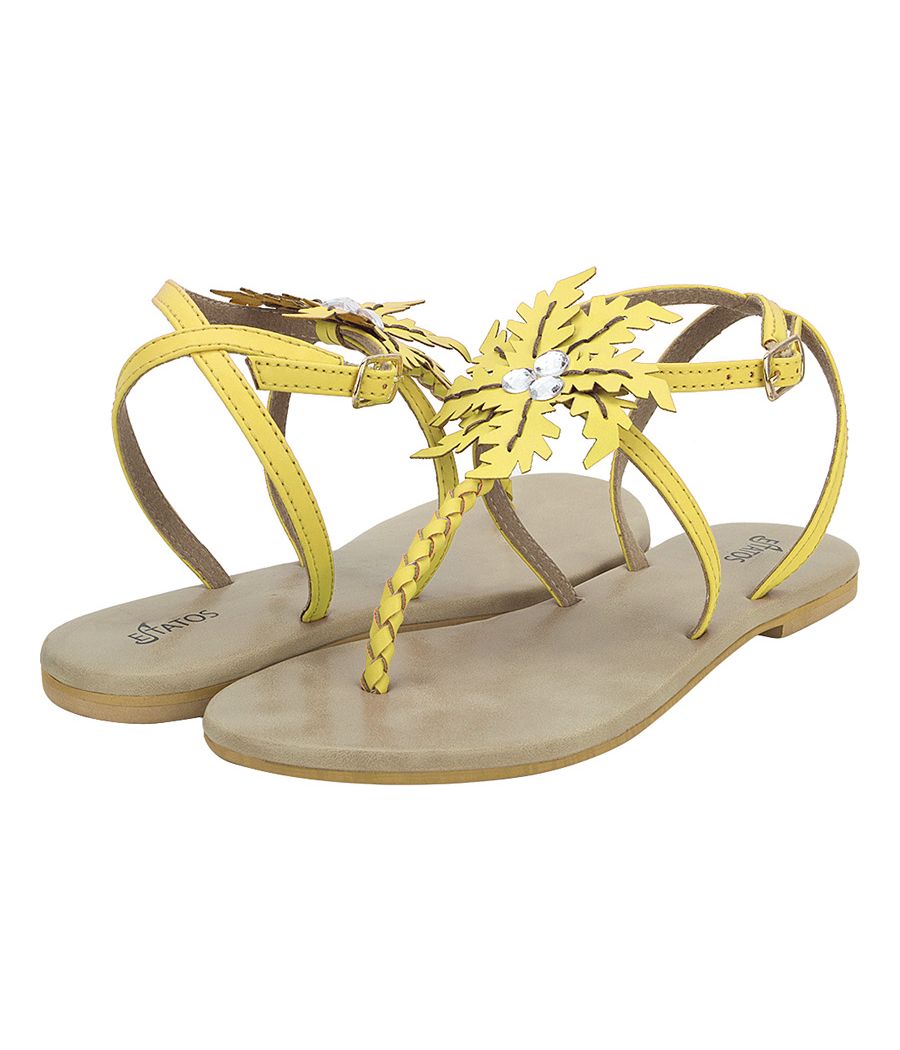 Estatos Summer Cool Leather Embellished with Laser Cut Flower Buckle Closure Light Yellow Flat Sandals for Women
