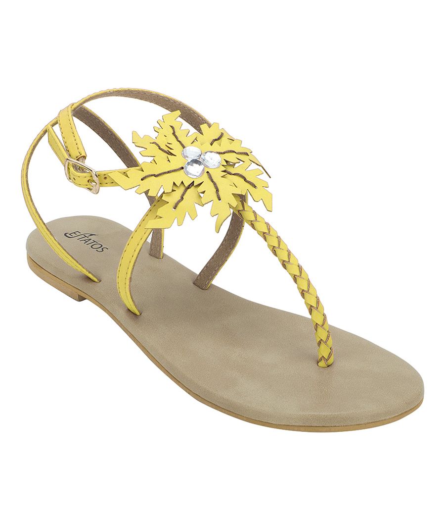 Estatos Summer Cool Leather Embellished with Laser Cut Flower Buckle Closure Light Yellow Flat Sandals for Women