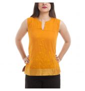 Fabindia Cotton Solid Orange Sleeveless Straight Embroidered Kurti 