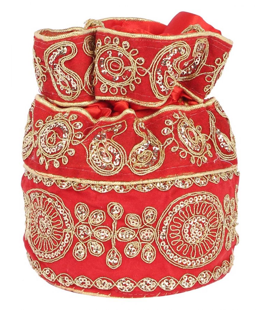 Aliado Velvet Embellished Red and Gold Coloured Potli Bag