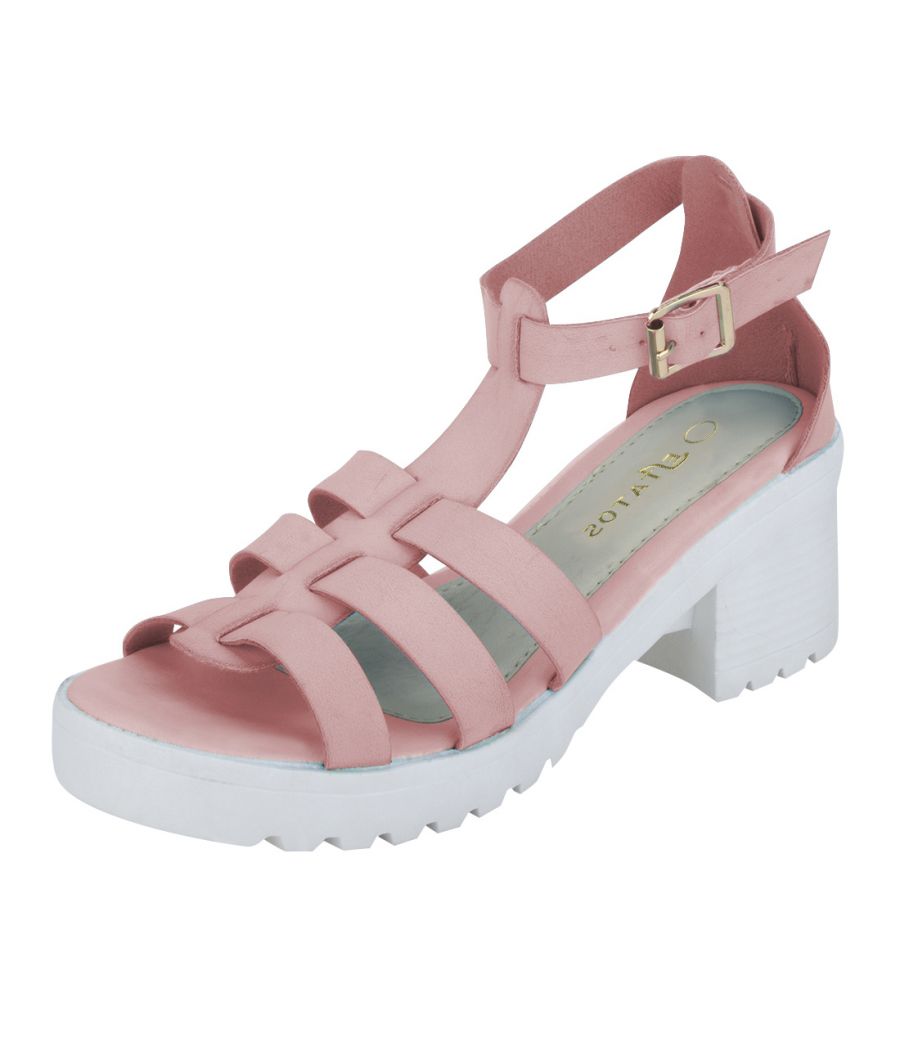 Estatos Faux Leather Block Heel Platform White Sole Strappy Pink Gladiator Sandals for Women