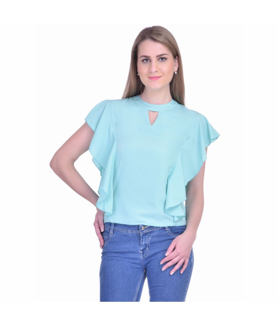  Estance Crepe Solid Mint Round Neck Sleeveless Ruffle Top