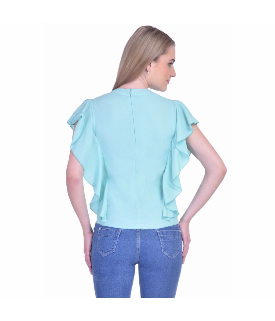  Estance Crepe Solid Mint Round Neck Sleeveless Ruffle Top