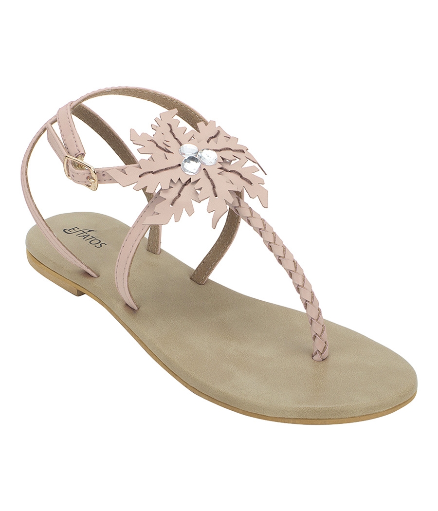 Estatos Summer Cool Leather Embellished with Laser Cut Flower Buckle Closure Pink Flat Sandals for Women