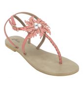 Estatos Summer Cool Leather Embellished with Laser Cut Flower Buckle Closure Peach Flat Sandals for Women