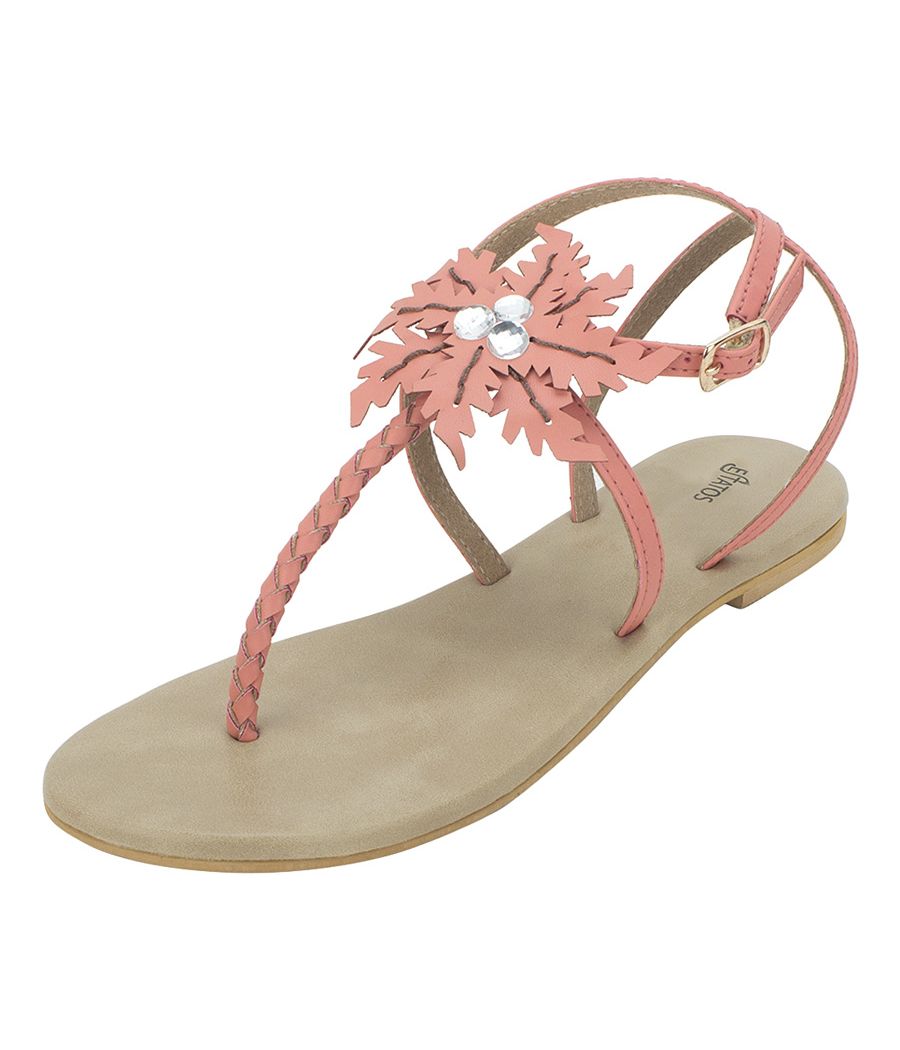 Estatos Summer Cool Leather Embellished with Laser Cut Flower Buckle Closure Peach Flat Sandals for Women