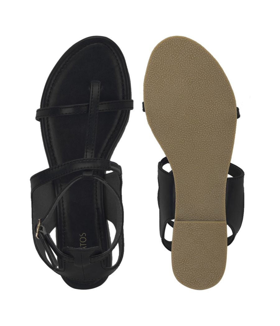 Estatos Summer Cool Leather Mesh Style Buckle Closure Black Flat Sandals for Women