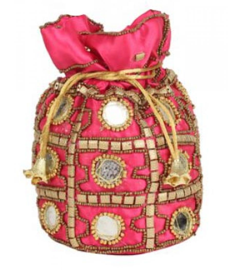 Envie Cloth/Textlie/Fabric Embellished Pink Coloured Potli Bag 