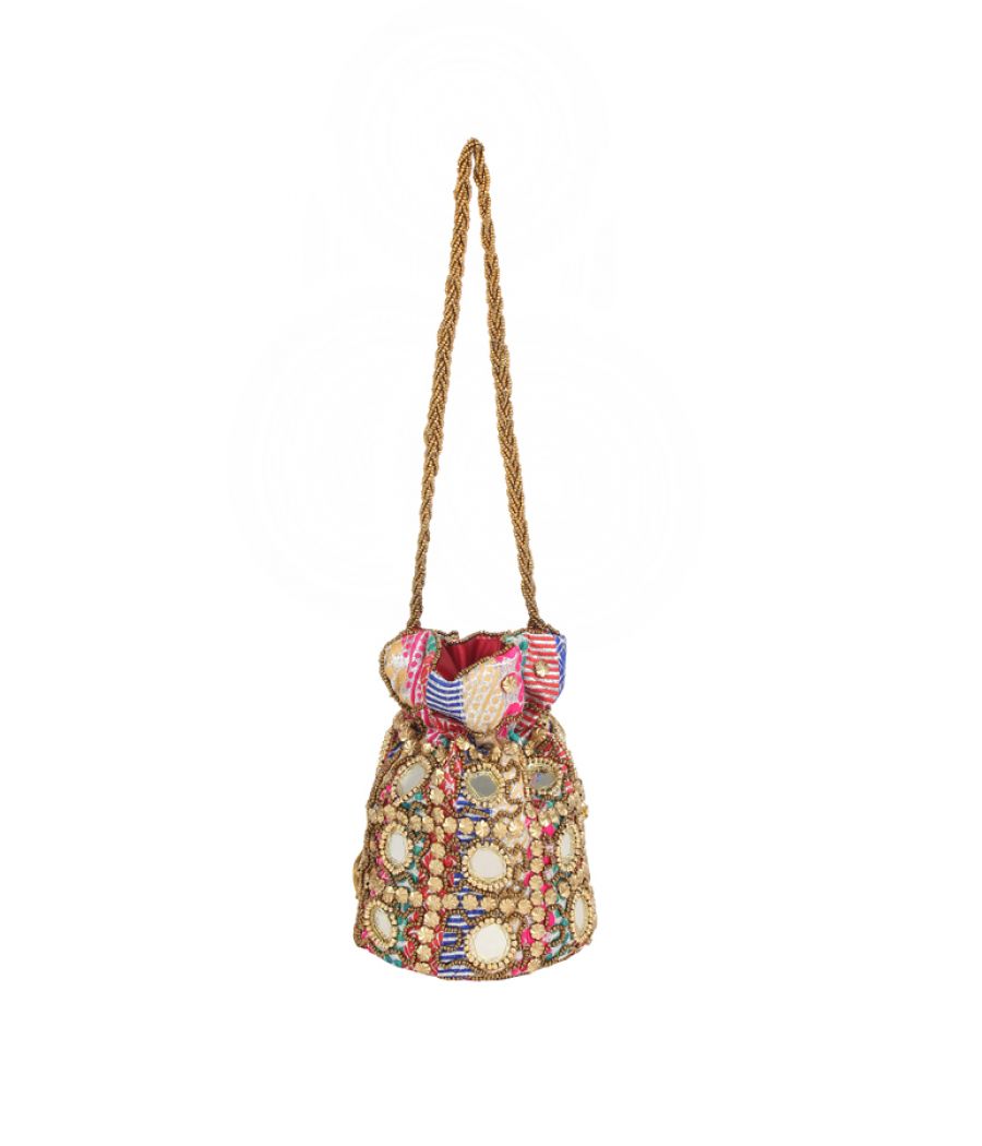 Envie Cloth/Textile/Fabric Embellished Multi Coloured Potli Bag 