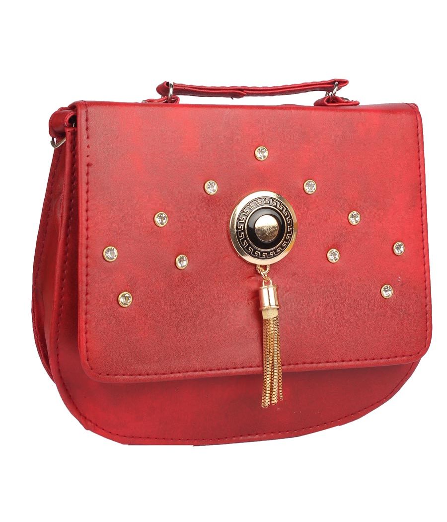 Envie Faux Leather Red Embellished Magnetic Snap Crossbody Bag 