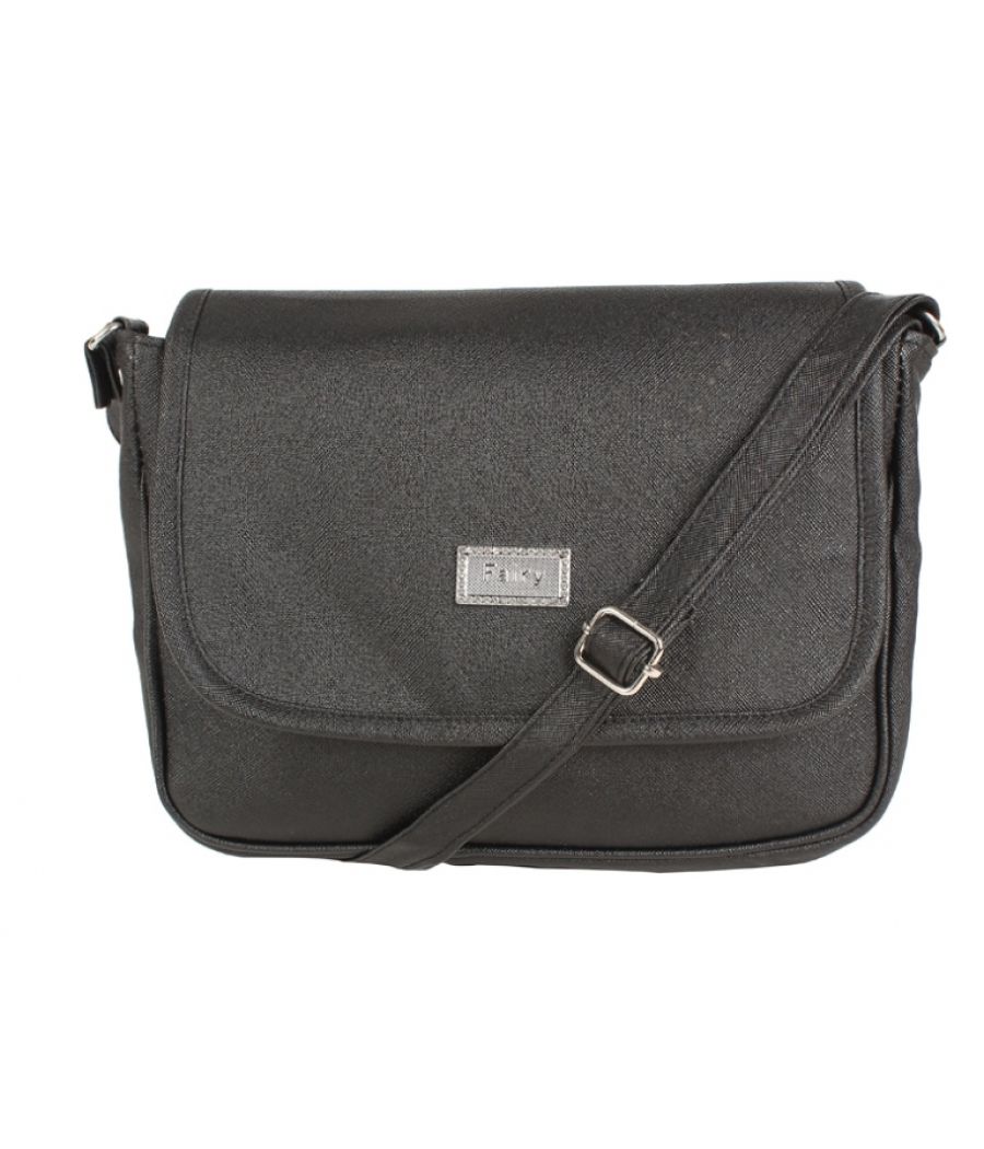 Aliado Faux Leather Solid Black Magnetic Snap Crossbody Bag 